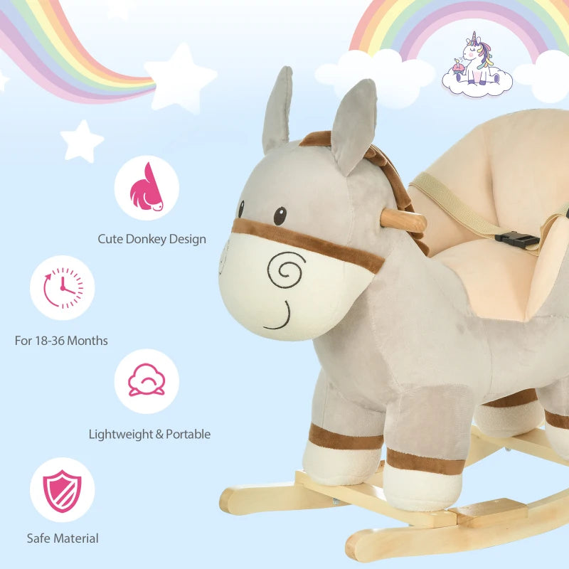 Kids Plush Rocking Horse with Sound | Safe Wooden Base Ride-On Donkey Toy for Toddlers 18-36 Months - Grey