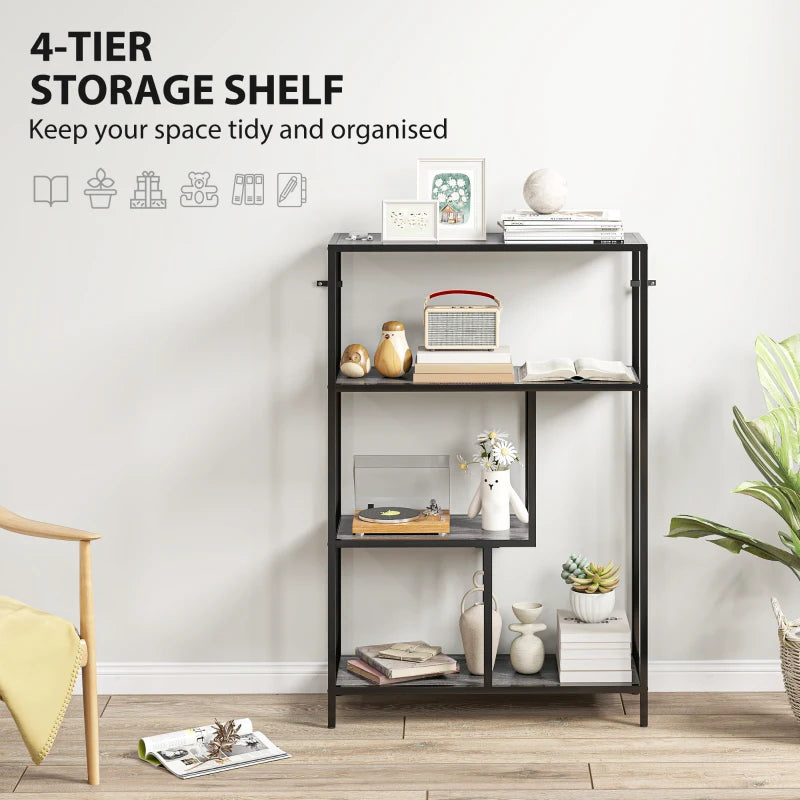 Stylish 4-Tier Charcoal Grey Bookshelf with Open Shelves - Modern Storage Solution for Home or Office
