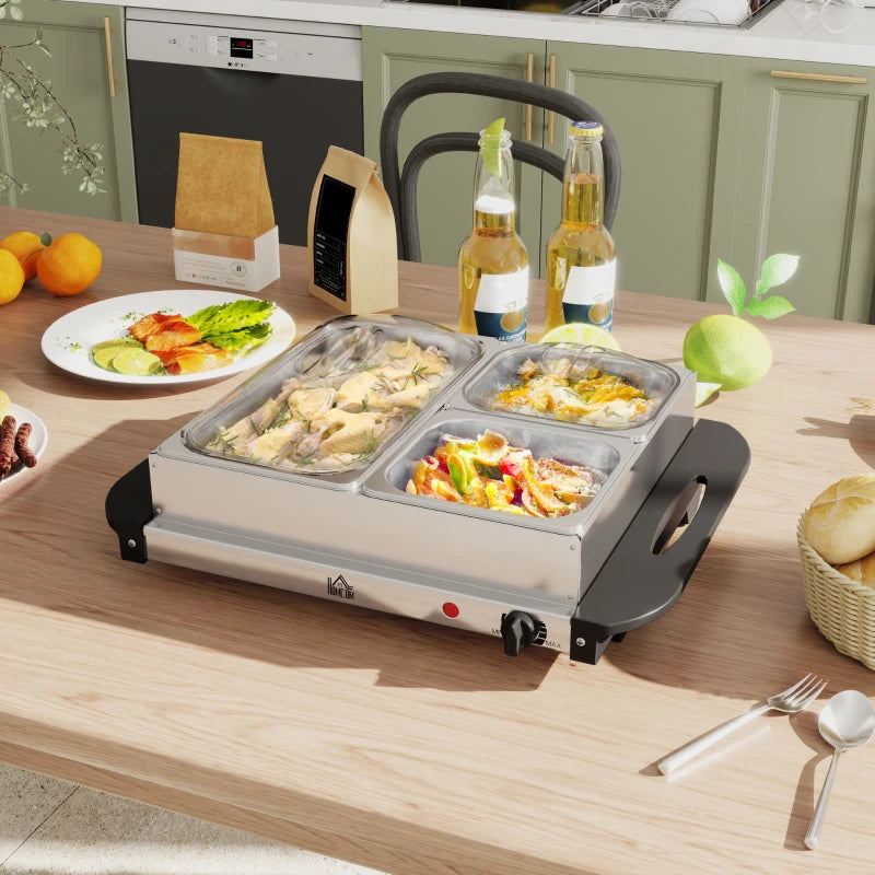 4.5L Stainless Steel Electric Buffet Server with 3 Trays & Lids - Perfect for Parties & Catering