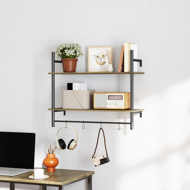 Rustic Wall Mounted Floating Shelves with 4 Hooks - Stylish Grey Shelf Unit for Living Room & Entryway Decor