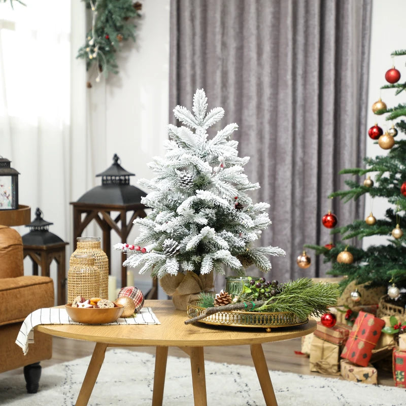 60 cm Prelit Small Christmas Tree - 35 LED Lights, Snow Flocked Mini Xmas Tree with Pine Cones & Berry Clusters