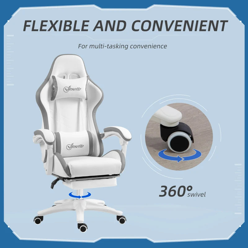 Vinsetto Gaming Chair with Footrest - PU Leather Swivel Desk Chair, 135° Recline, Lumbar Support, White & Grey
