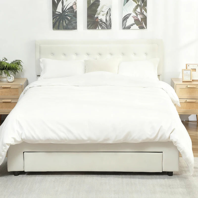 Luxury King Size Ottoman Bed Frame with Front Drawer - Elegant Cream Upholstery for Stylish Storage Solutions