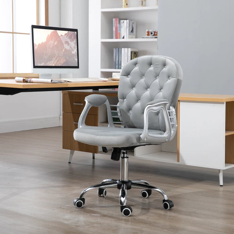 Vinsetto Grey Velvet Office Chair - Swivel Desk Chair with Adjustable Height & Rolling Wheels for Home & Study