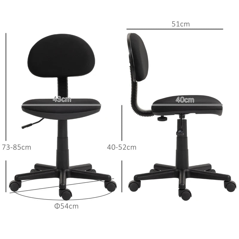 Ergonomic Small Armless Office Chair - Stylish Black Design for Home & Office Use - Compact & Comfortable Seating