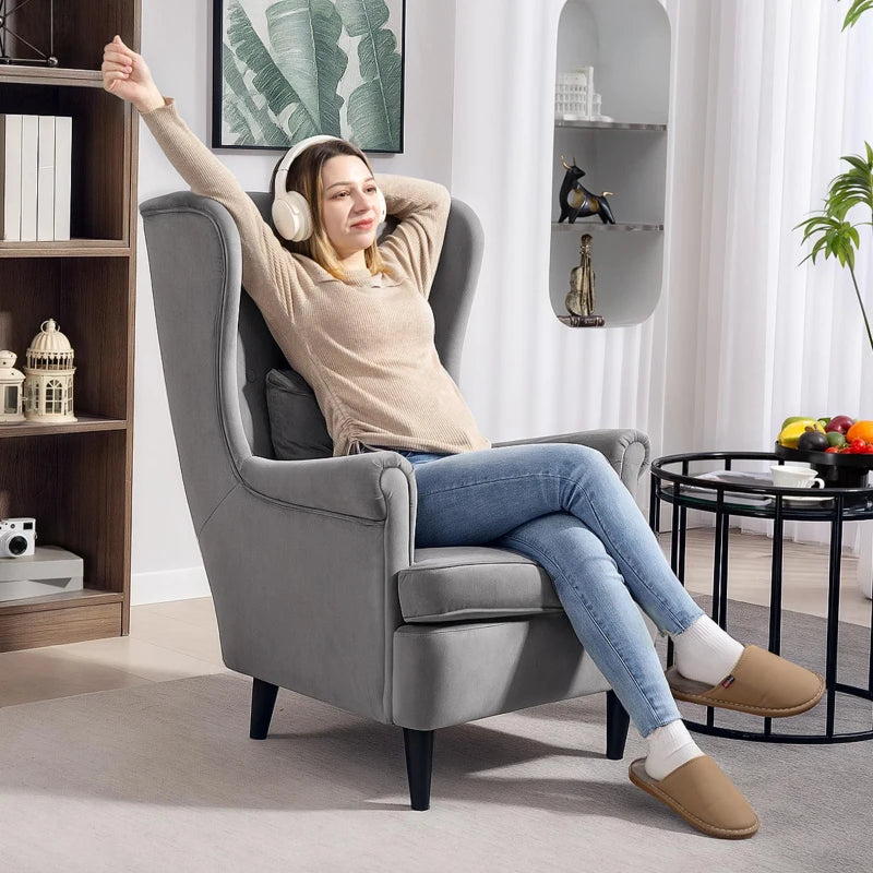 Stylish Upholstered Wingback Armchair with High Backrest and Pillow for Living Room or Bedroom in Dark Grey