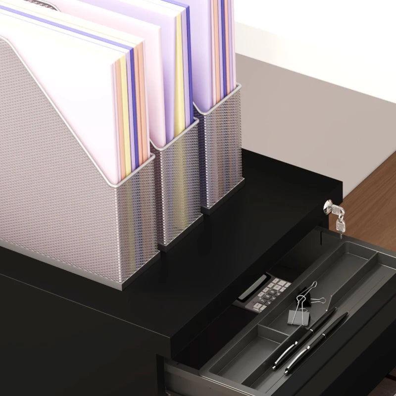 Vinsetto Mobile 3-Drawer Filing Cabinet with Lock - Steel Under Desk Storage for A4, Legal & Letter Size - Black