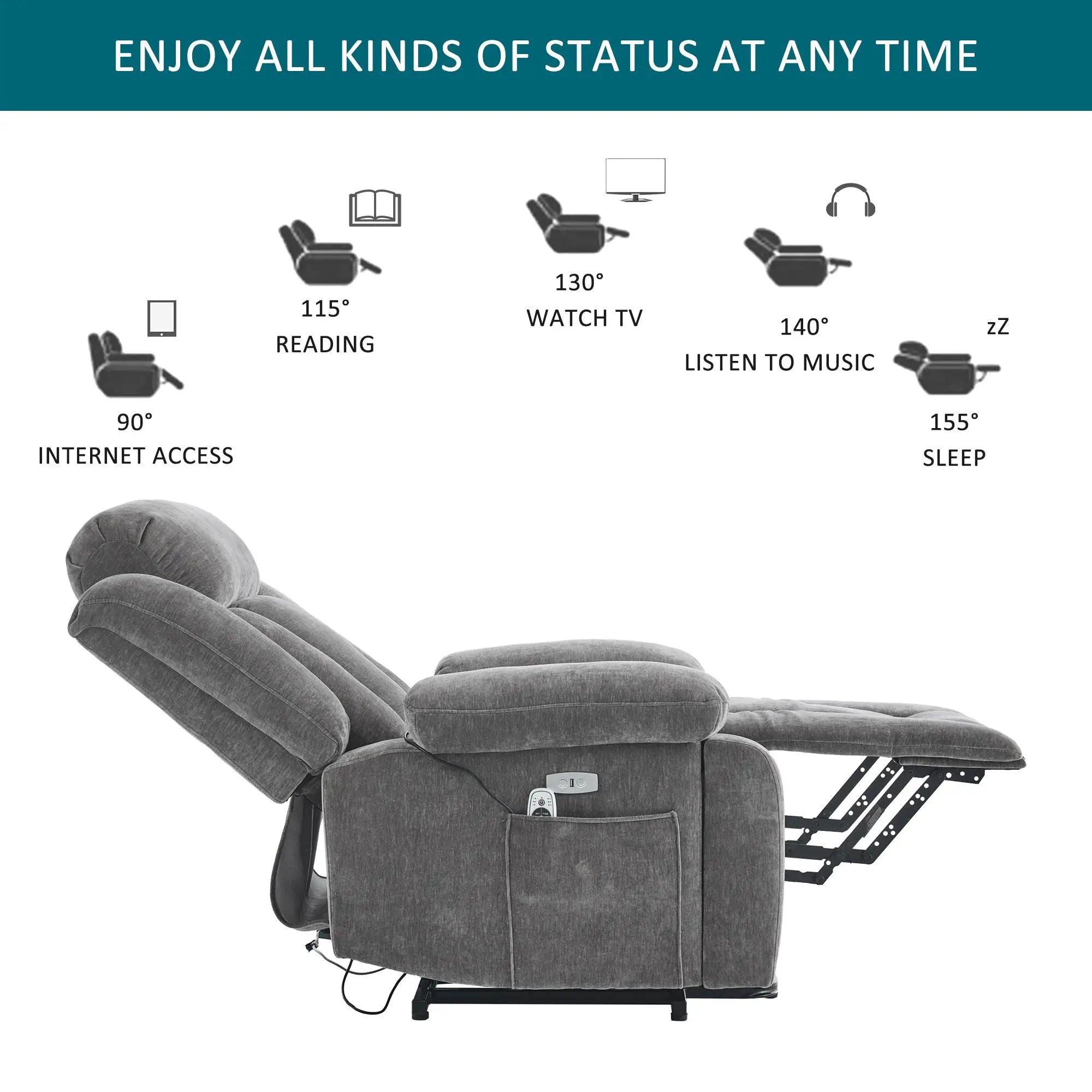 RelaxMax ProLift Electric Recliner – Heated Massage Chair with USB Ports, Storage Pocket & Easy Assembly, 95×94×107 cm, Grey