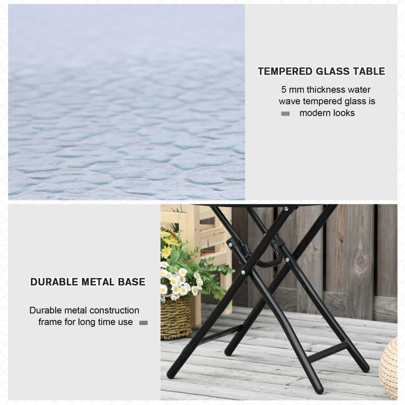 Black Round Glass Garden Folding Table with Safety Buckle