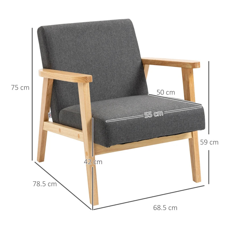 Stylish Dark Grey Fabric Accent Chair with Rubber Wood Frame and Comfortable Padded Cushion for Living Room