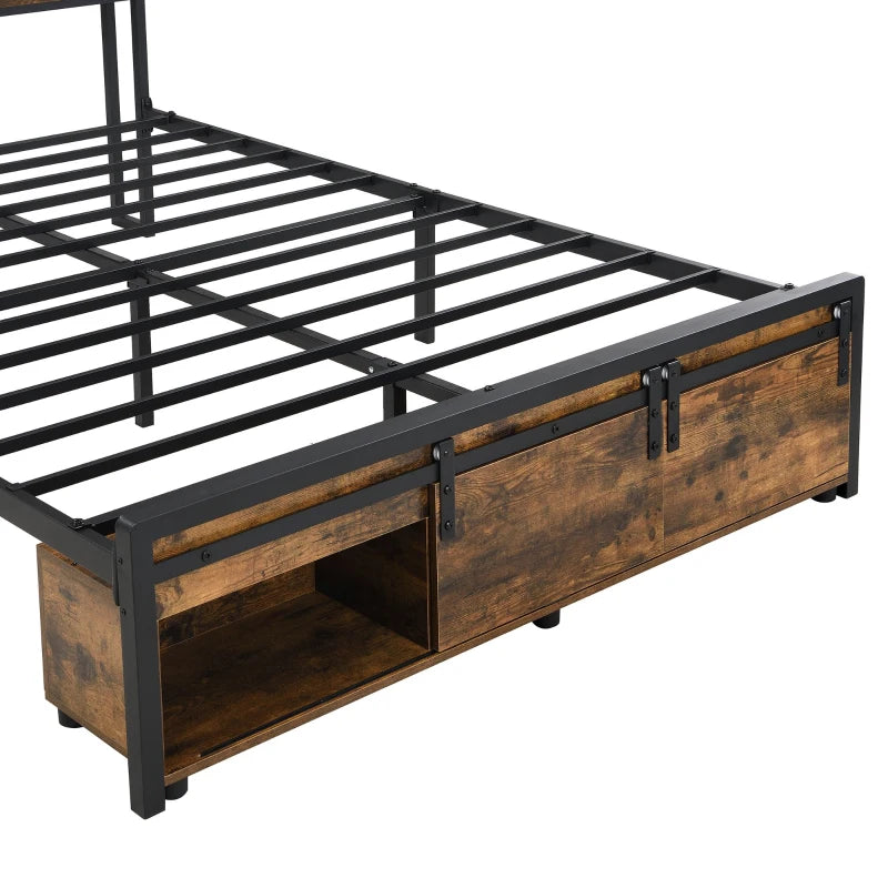 Metal Double Bed with LED Lights & Charging Ports, Storage Base, 209x137.5x114.5 cm, Black & Natural Finish