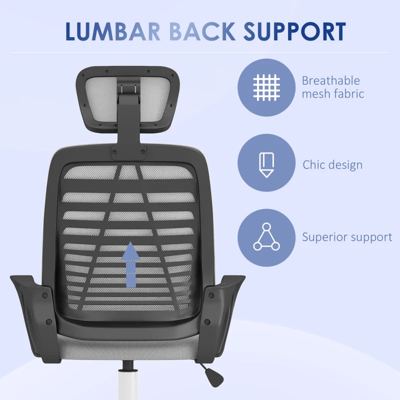 Vinsetto Ergonomic Mesh Office Chair with Rotatable Headrest, Lumbar Support & Armrests - Stylish Grey Desk Chair