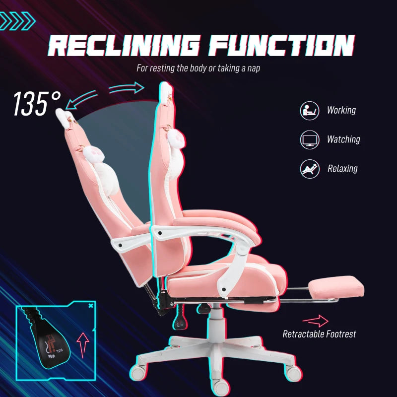 Cat Ear & Paw Reclining Office Chair with Footrest - Stylish Pink/White Design for Comfort & Fun