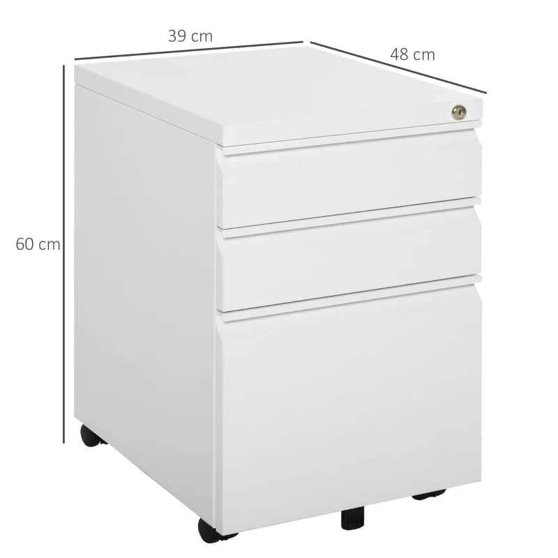 Vinsetto Mobile 3 Drawer Metal Filing Cabinet - Anti-Tilt Design for Letter, A4, Legal Size - White