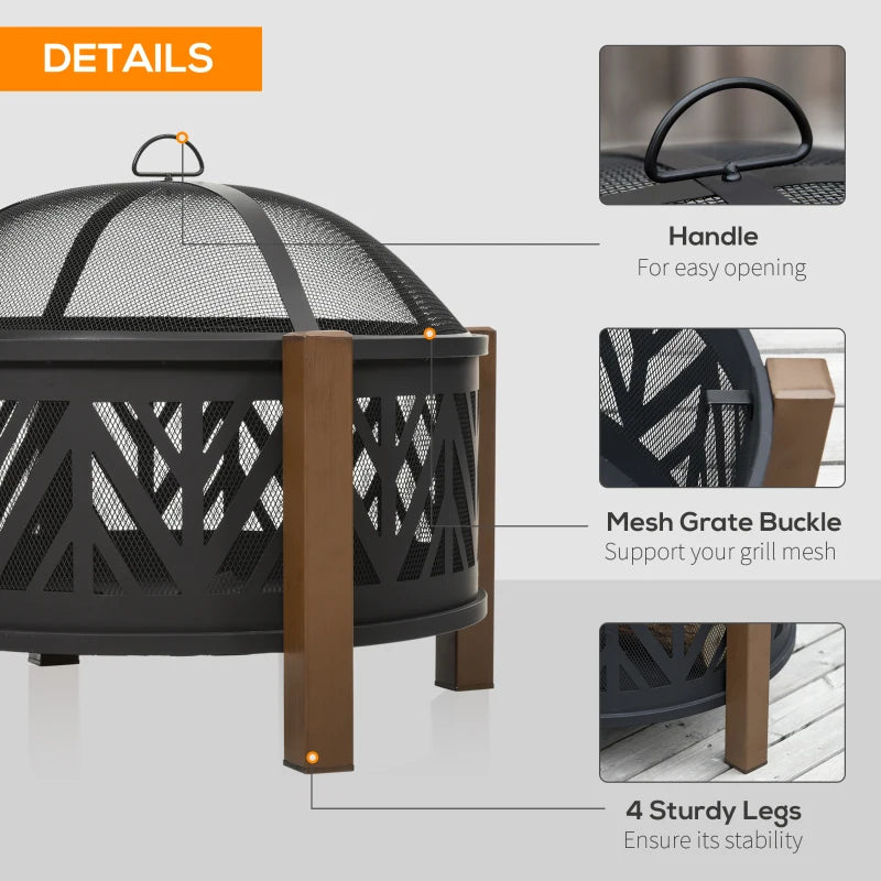 Large Metal Fire Pit Bowl 2-in-1 Outdoor BBQ Grill & Brazier with Lid, Poker for Backyard & Camping, 78cm Black