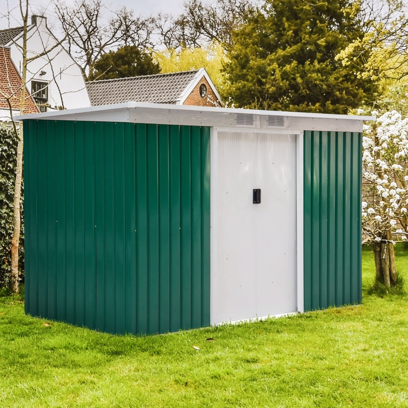 Deep Green 9ft x4 ft Metal Outdoor Garden Shed with Floor Foundation, Ventilation System, and Double Doors