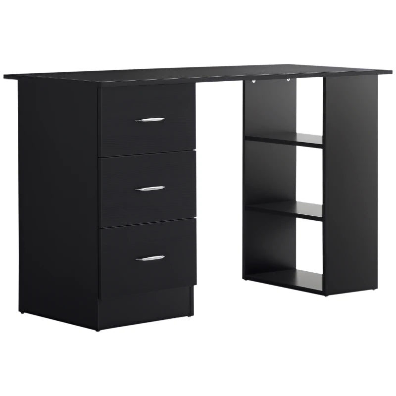Modern Black Computer Desk with 3 Storage Shelves & Drawers, Stylish Writing Table for Home Office, Silver Handle Workstation