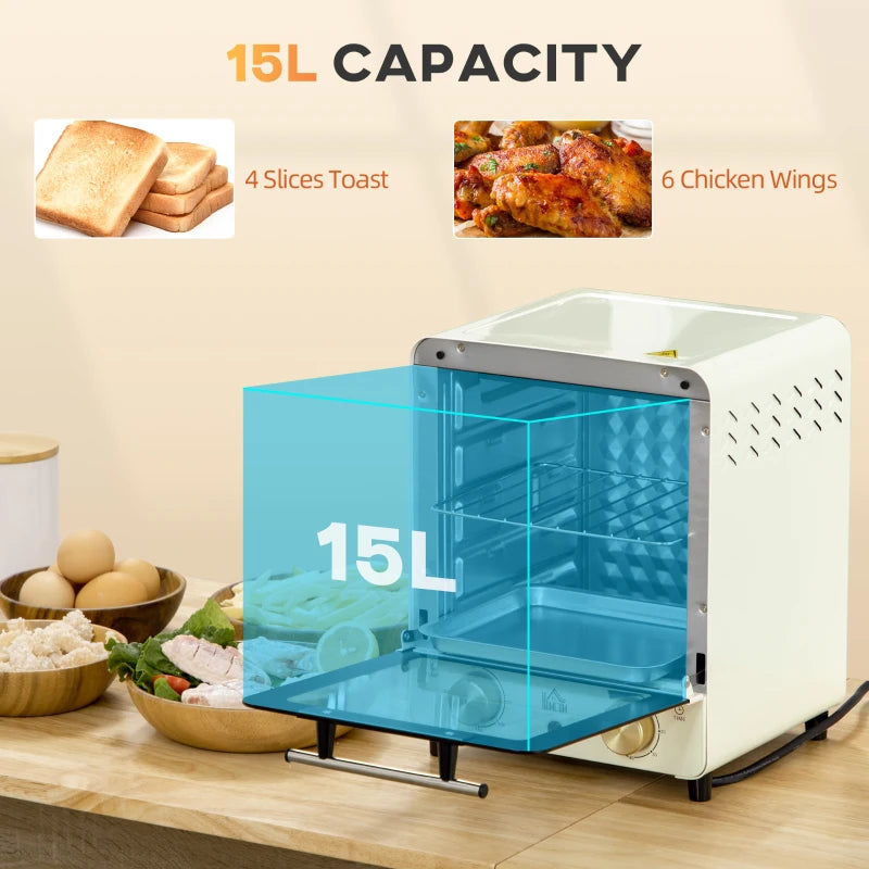 15L Mini Electric Oven & Grill - Adjustable 60-230°C, 60 Min Timer, Includes Baking Tray & Wire Rack, 1000W, Cream White