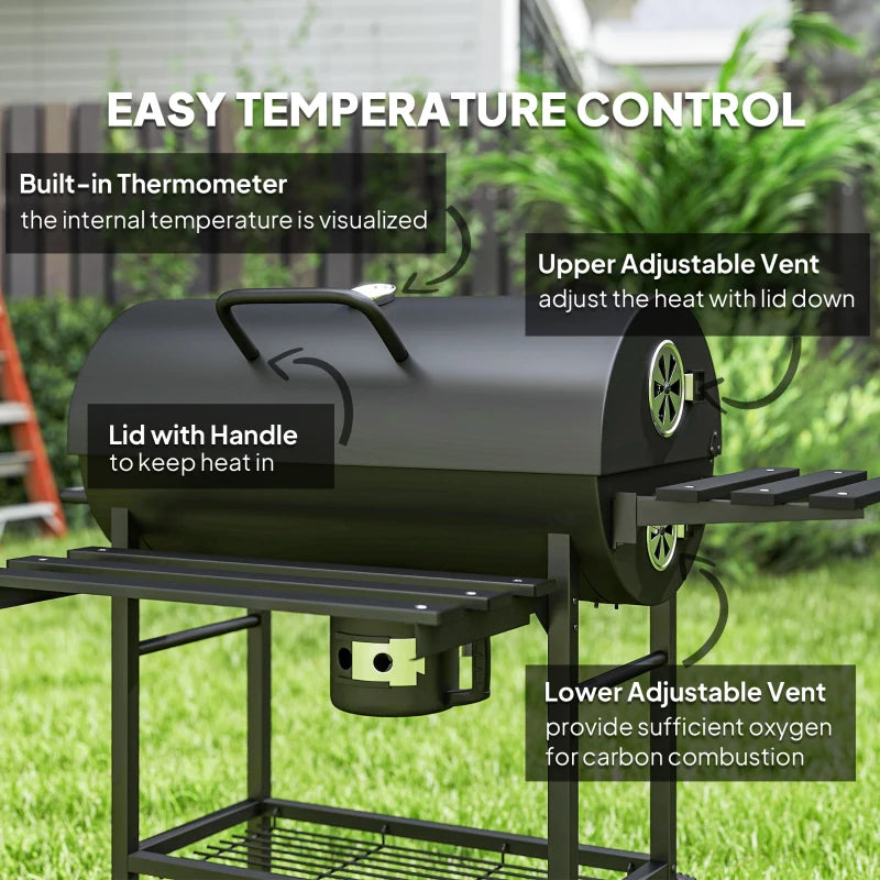 Portable Charcoal BBQ Grill with Foldable Shelf, Smoker, Temperature Gauge, Wheels for Outdoor Cooking