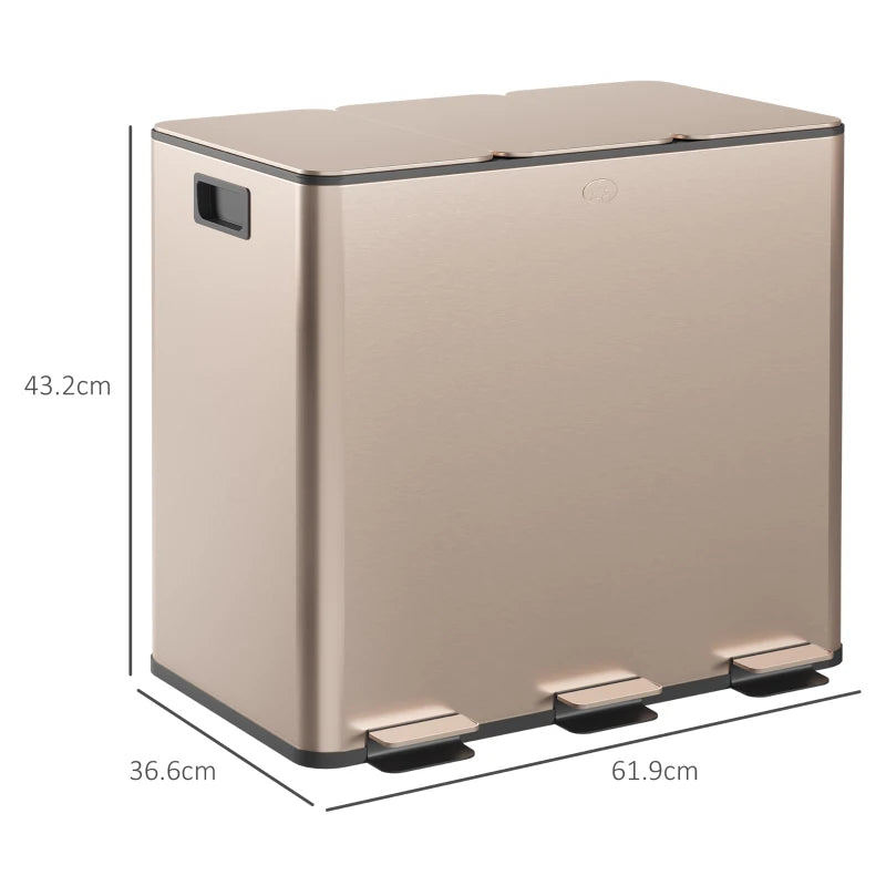 45L Triple Compartment Stainless Steel Bin with Deodoriser Holders - Elegant Gold Tone Waste Management Solution