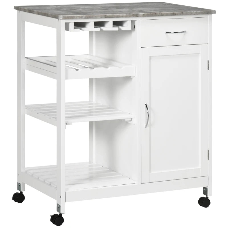 Compact Kitchen Trolley Utility Cart on Wheels with Wine Rack, Drawer & Storage Cabinet - White Dining Room Organizer