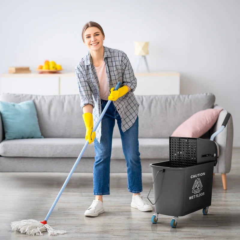 20L Compact Mop Bucket on Wheels with Water Separation Panel - Durable Black Cleaning Solution for Efficient Floor Care