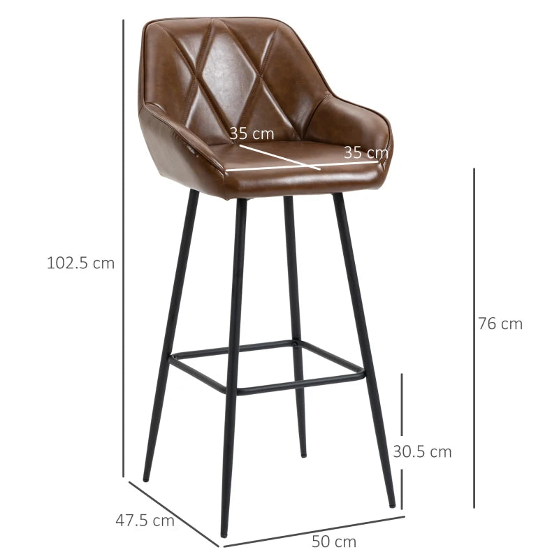 Retro Bar Stools Set of 2 - Stylish Breakfast Bar Chairs with Footrest, Steel Legs, Perfect for Kitchen & Home Bar, Brown