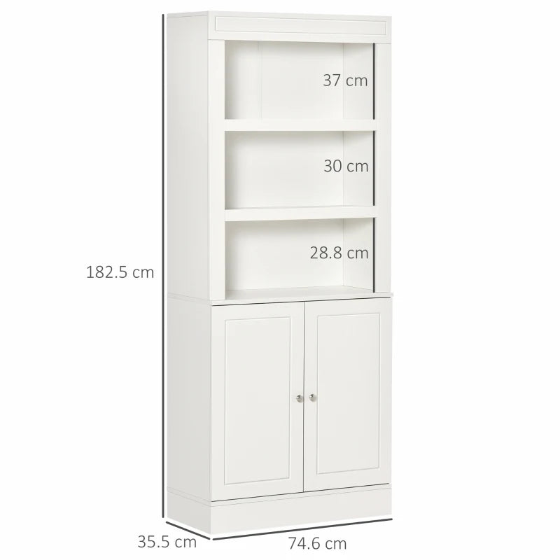 6-Tier Kitchen Cupboard - Freestanding Storage Cabinet with 3 Open Compartments & Double-Door Adjustable Shelves - White