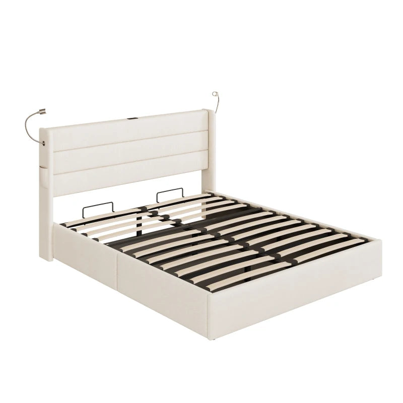 King Upholstered Bed with Hydraulic Storage & LED Reading Light - Beige, 208L x 158W x 113H cm, Stylish Headboard