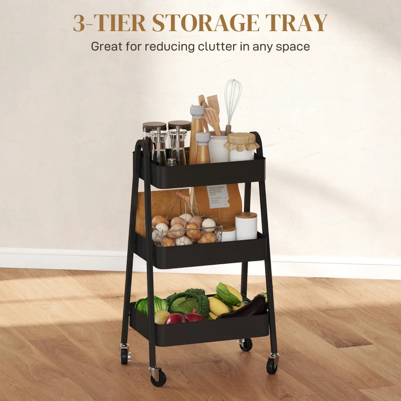 Versatile Three-Tier Black Storage Trolley - Stylish Organizer Cart for Home, Office, Kitchen & Bathroom