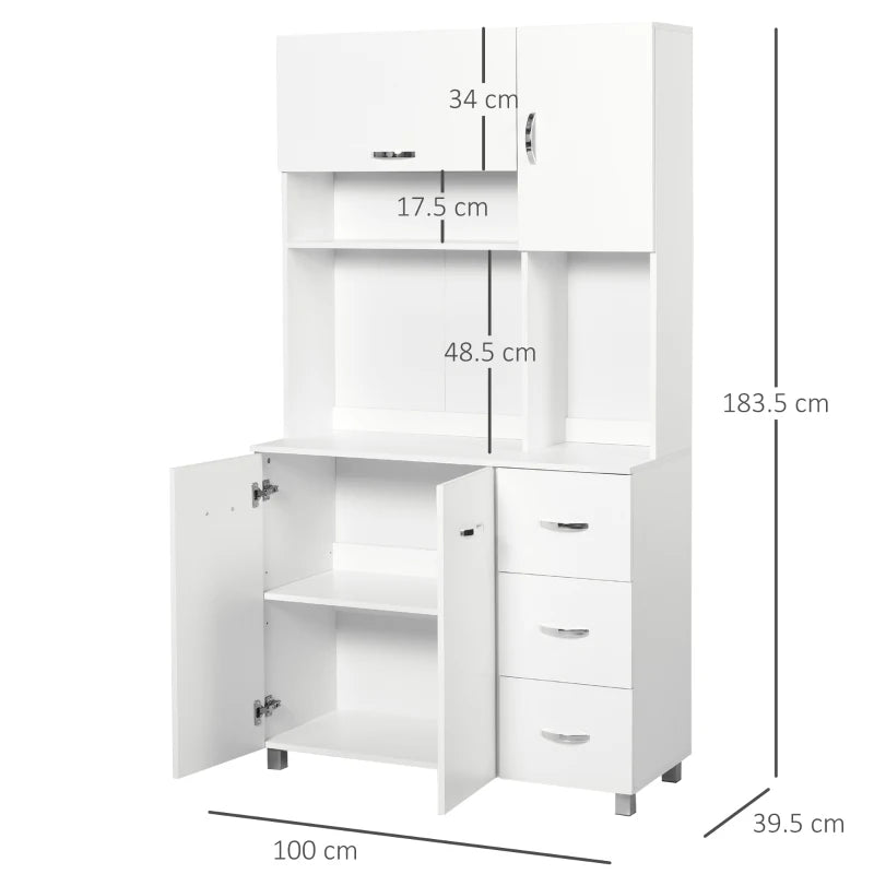 183cm Tall Kitchen Cupboard Storage Cabinet with Countertop, 3 Drawers, Flip Top Door, 3 Doors & Open Shelves - White
