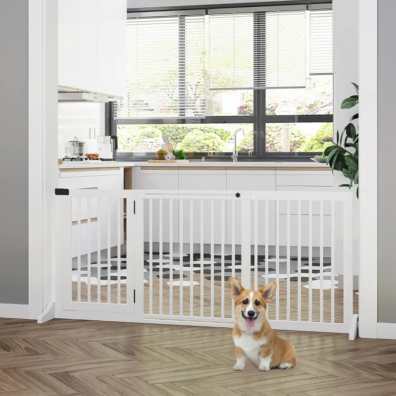Adjustable Wooden Dog Gate - Freestanding Indoor Dog Fence Barrier, 3 Panels, Lockable, 71H x 113-166W cm, White