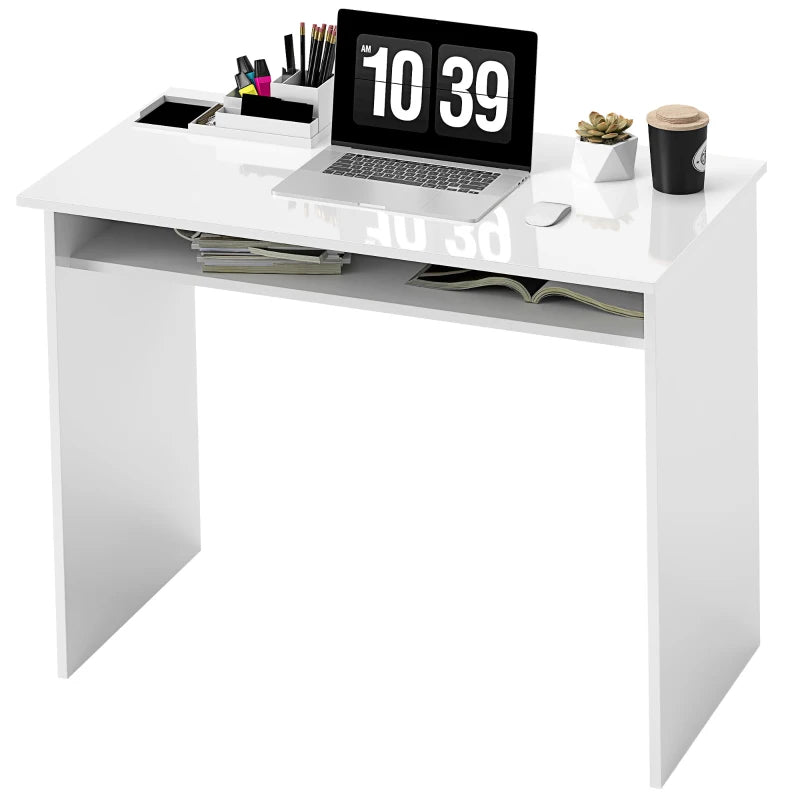 Modern 90x50cm High Gloss White Computer Table - Stylish Home Office Desk with Storage Shelf for Small Spaces