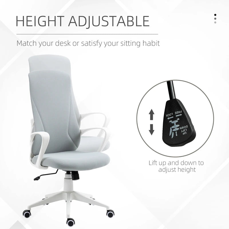 Vinsetto High Back Office Chair - Adjustable Fabric Desk Chair with Armrests, Swivel Wheels, Light Grey - Ergonomic Comfort