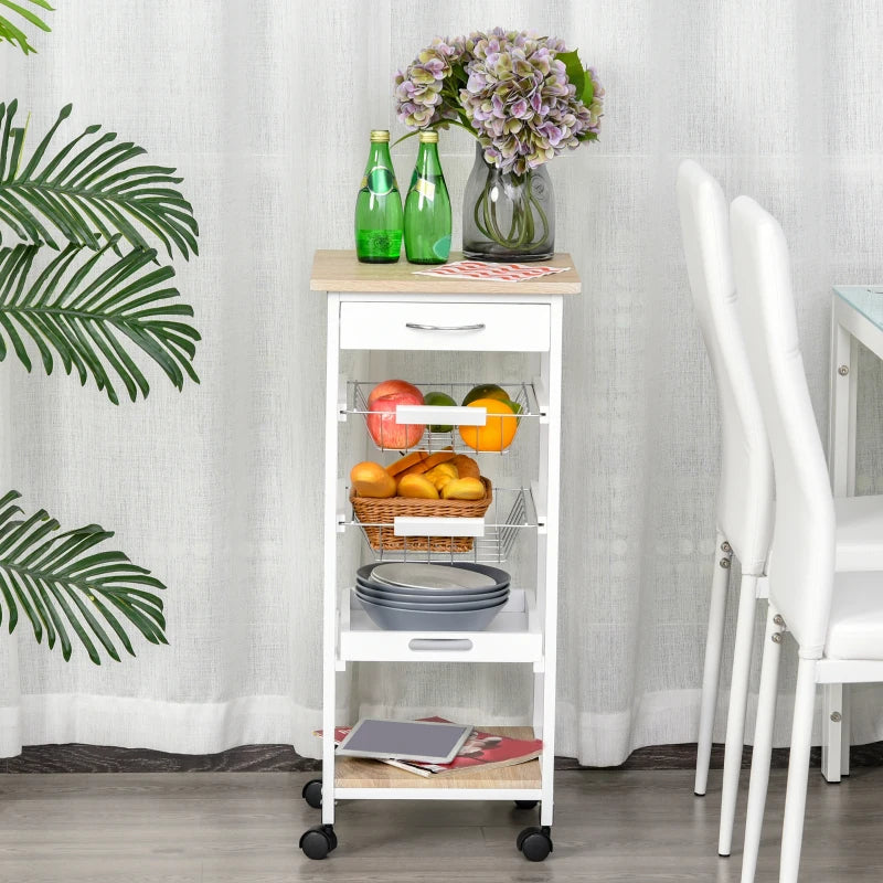 Compact Mobile Rolling Kitchen Island Trolley with Metal Baskets & Shelves - Stylish White Storage Solution on Wheels