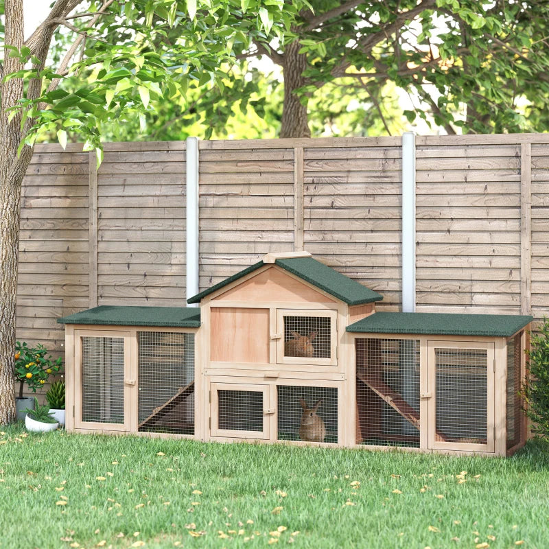 Large Outdoor Wooden Rabbit Hutch with Run - 2 Storey Guinea Pig House, 210 x 45.5 x 84.5 cm