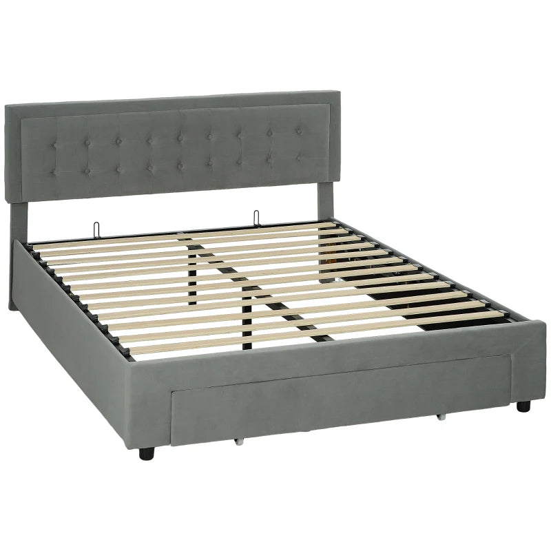 King Size Grey Ottoman Bed Frame with Front Drawer - Stylish Storage Solution for Modern Bedrooms