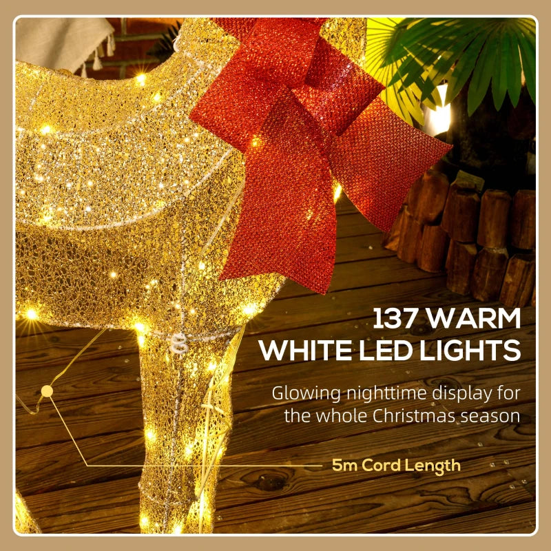 Lighted Reindeer Christmas Decoration - 137 LED Lights, Gold Tone, Indoor/Outdoor Holiday Decor for Garden & Lawn