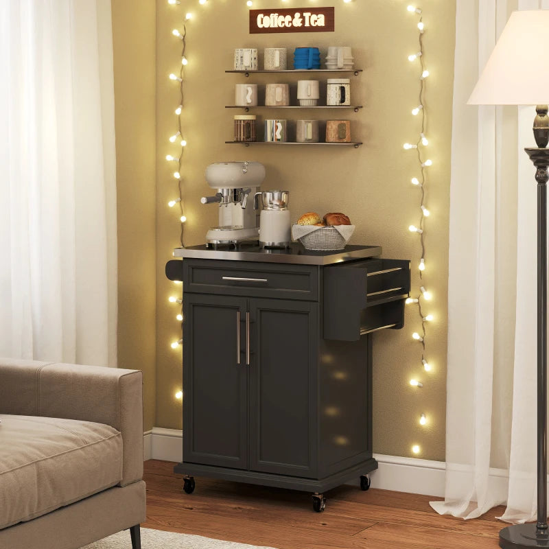 Wooden Kitchen Island on Wheels - Black Serving Cart with Stainless Steel Top, Drawer, Side Handle & Storage Rack