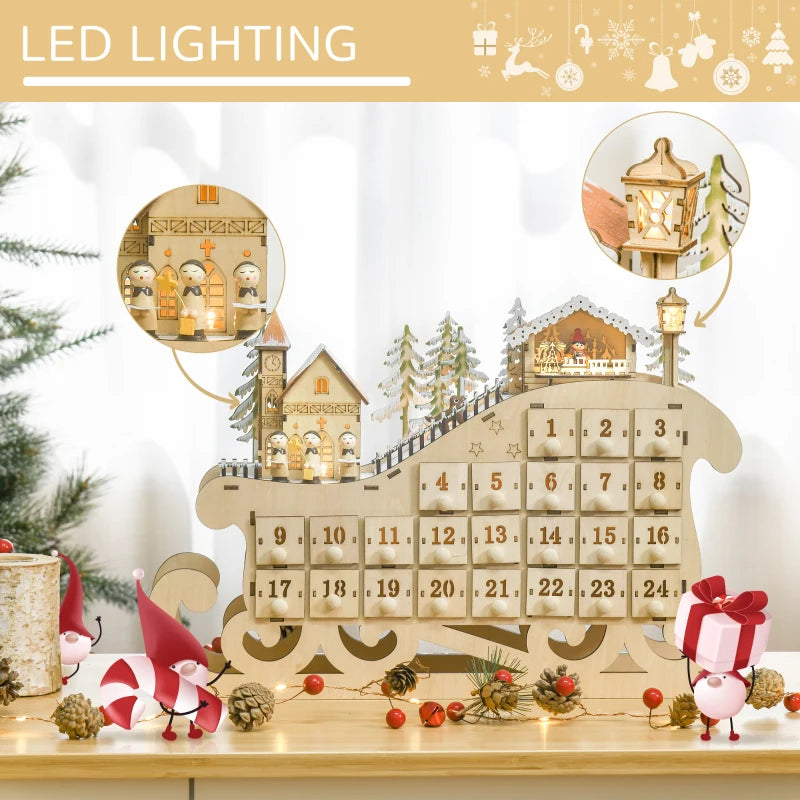2021 Light Up Christmas Advent Calendar - Wooden Sleigh Holiday Decoration with Countdown Drawers for Kids & Adults - Natural Wood