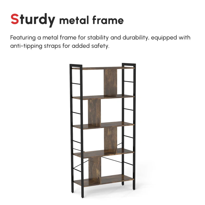 Industrial 5-Tier Storage Unit Bookcase with Open Compartments - Rustic Brown & Black for Office, Living Room, Bedroom