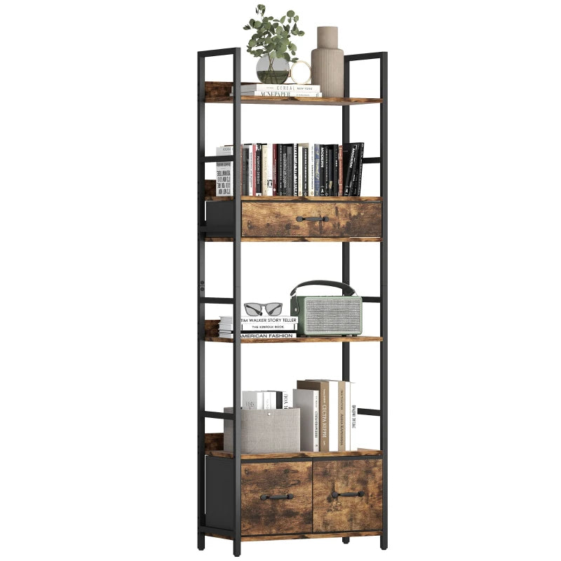 Industrial Style Bookcase with 4 Shelves & 3 Fabric Drawers - Brown & Black Storage Solution for Home or Office