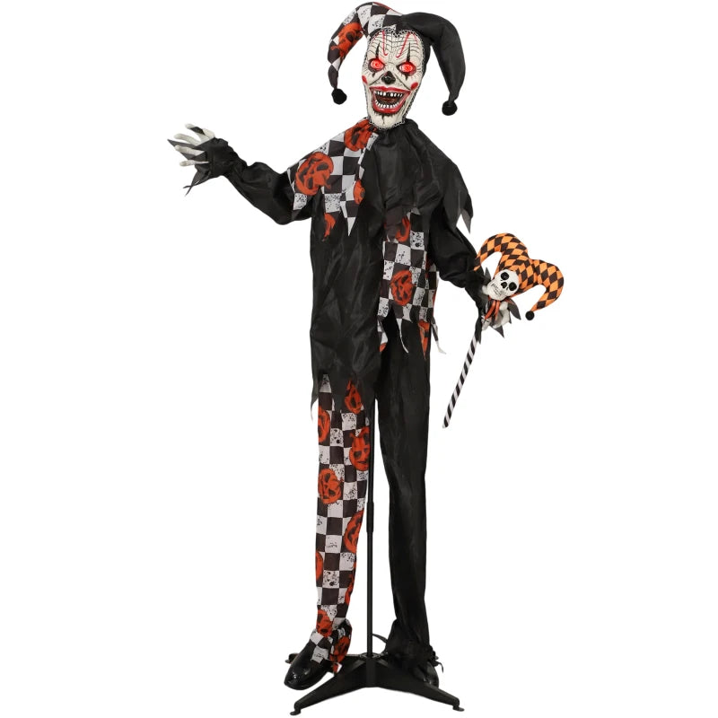 183 cm Life Size Animated Clown with Skull Staff - Scary Halloween Decoration with Light Up Eyes & Sound Activated Movement