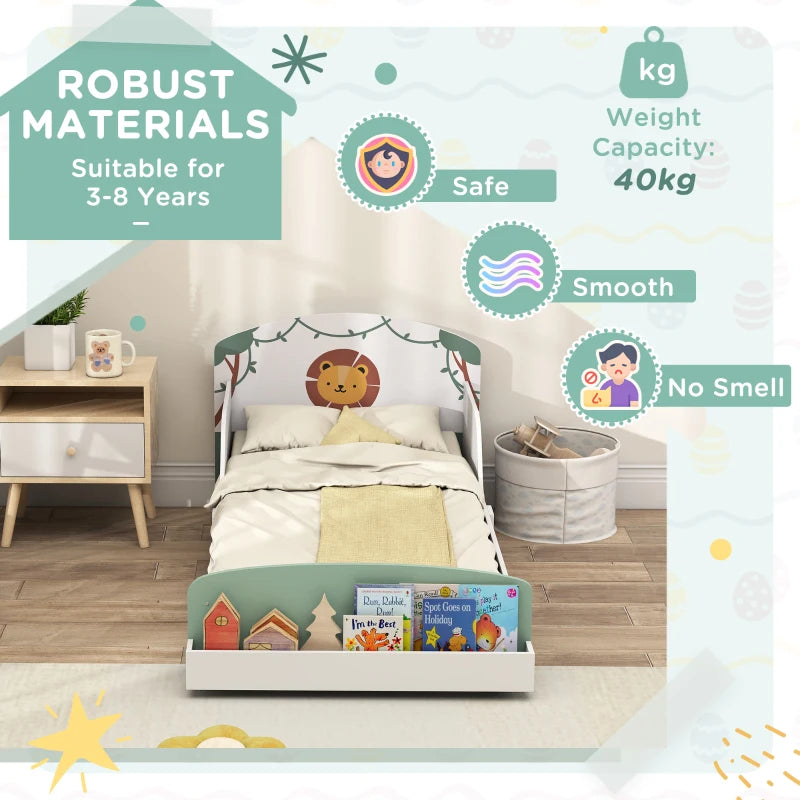 Lion Design Toddler Bed with Storage and Guardrails for Ages 3-8 Fits 140x70cm Mattress Green