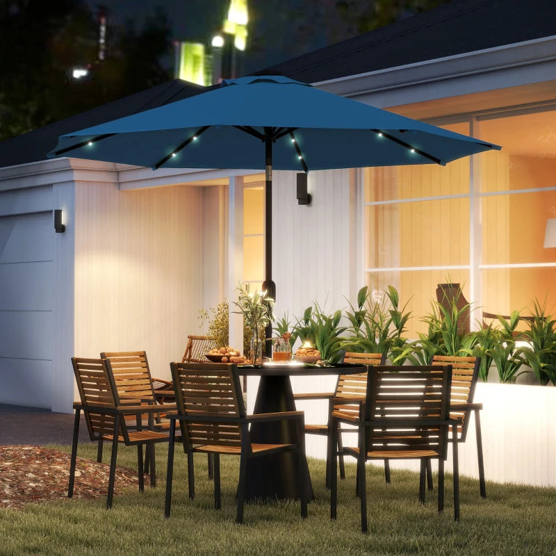 2.7m Blue LED Lighted Patio Umbrella - Outdoor Garden Parasol for Night Use