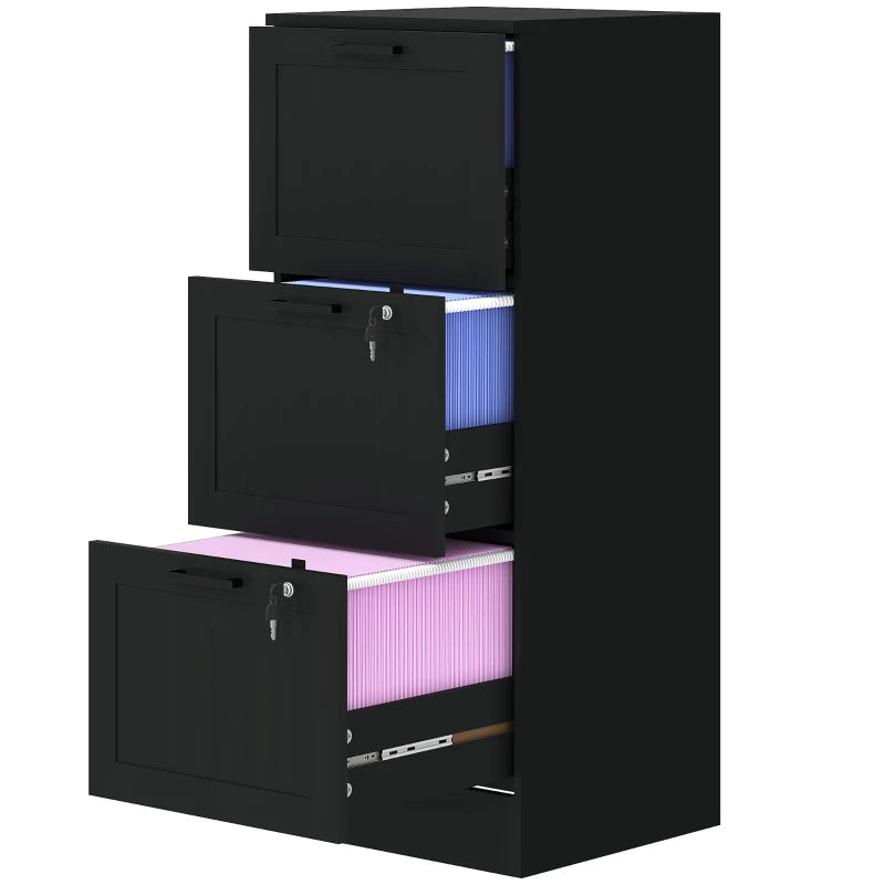 Secure 3 Drawer Filing Cabinet with Lock - Adjustable Hanging Bars for A4 Files - Stylish Black Office Storage Solution