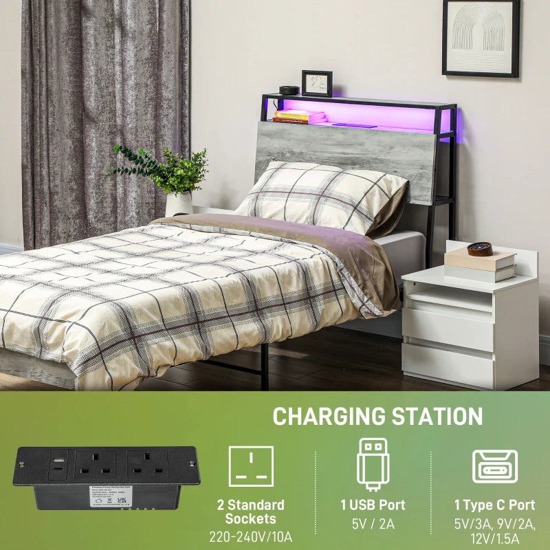 Modern Grey Single Steel Bed Frame with LED Lights & Headboard Shelf - Stylish & Functional Bedroom Furniture