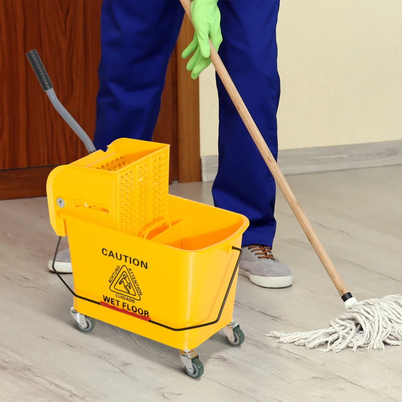20L Yellow Mop Bucket on Wheels with Water Separation Panel - Ideal for Efficient Cleaning and Easy Mobility