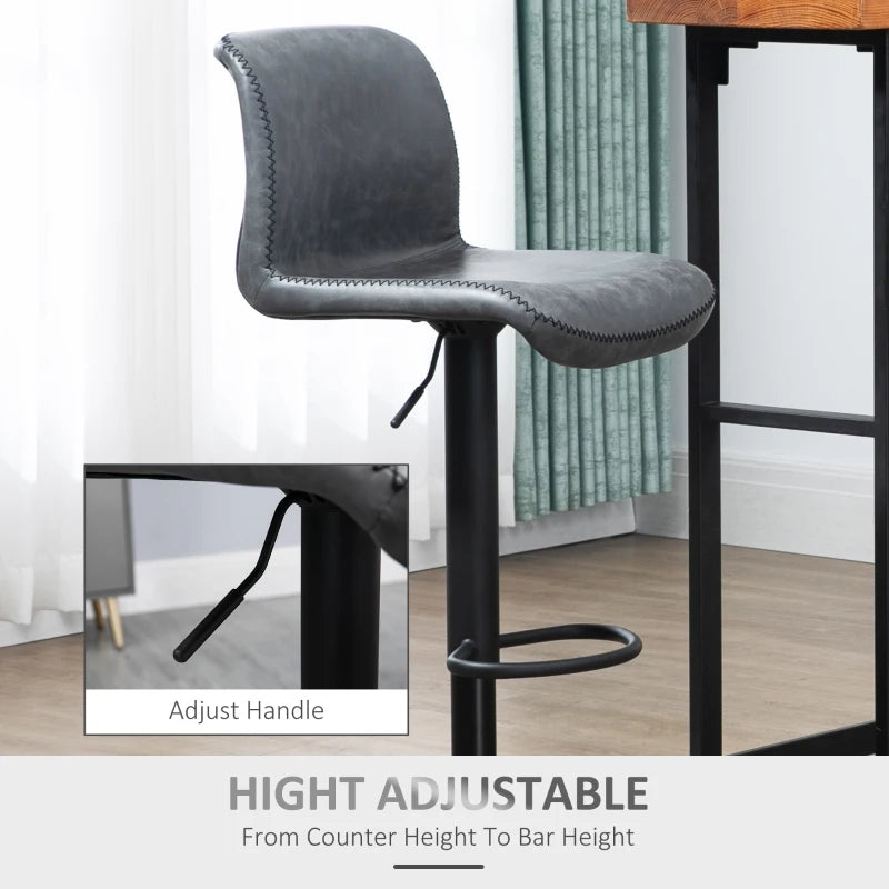 Set of 2 Dark Grey PU Leather Bar Stools with Backrest & Footrest for Kitchen, Counter & Breakfast Bar
