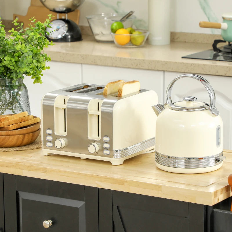 Polished Stainless Steel Cream Kettle and Toaster Set - Stylish Kitchen Appliances for Modern Homes